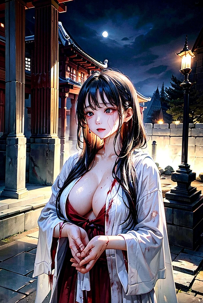 Old temple grounds、Moonlit Night、Horror、woman、Open clothes、Wet clothes、Blood-stained white robes、high quality, Textured skin, Very detailed, Drooling, Saliva stringing, Anxious, confusion,
