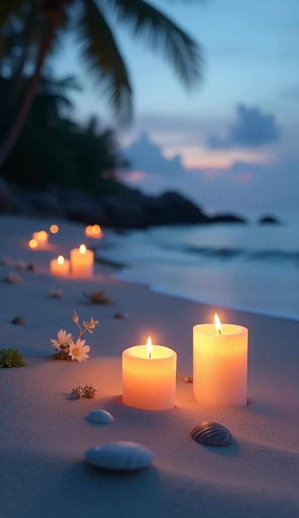 Candlelight Seaside comfortable shell nature flower Relaxed atmosphere Peaceful atmosphere White sand beach Softly lit water An empty sandy beach