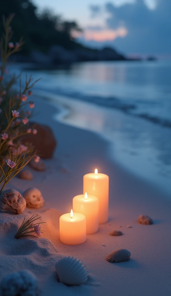 Candlelight Seaside comfortable shell nature flower Relaxed atmosphere Peaceful atmosphere White sand beach Softly lit water An empty sandy beach