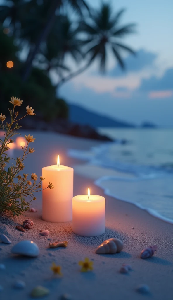 Candlelight　Seaside　comfortable　shell　nature　flower　Relaxed atmosphere　Peaceful atmosphere　White sand beach　Softly lit　water　An empty sandy beach