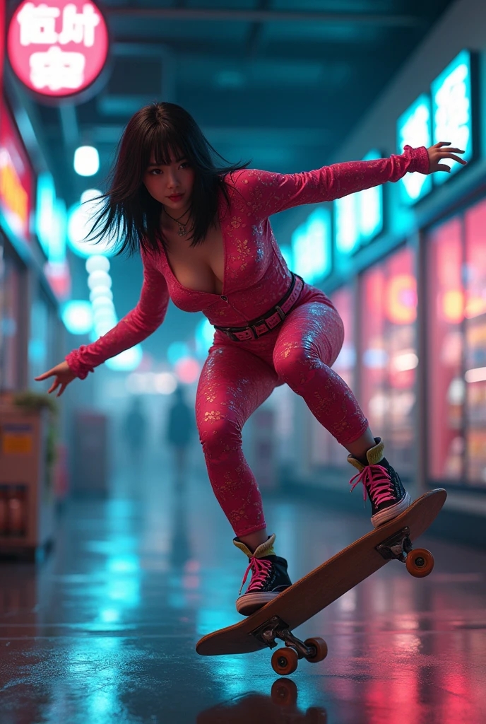 ultra-realistic, photorealistic, dramatic scene, shadow, global-illumination, (20 years old Japanese famous idol girl:1.5), Unconventional roller skating alone at cyber punk futuristic supermarket, dynamic angle, acrobatic pose, masterpiece, (face focus:1.6), beautiful eyes, Dressed neatly but cyber punk neon suits, very large breasts, beautiful face,
