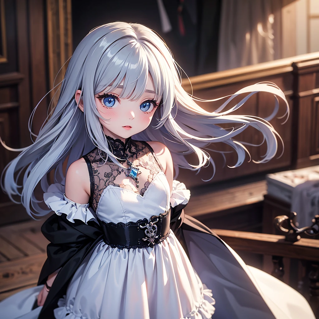 silver hair, dog ears, white dress,wavy hair,delicate features quiet gaze,beautiful half body illustration,beautiful backgraund,atmospheric lighting,sharp focus,vlumetric lighting,cute face,reduce saturation,fine detailed face,small nose and mouth,volumetric top lighting,bold line painting, soft shadow,((masterpiece, best quality)), (1girl), (solo), (female focus),small breasts,flat tits,Lolita,short height,skinny girl,blue eyes,open legs,animal ears,