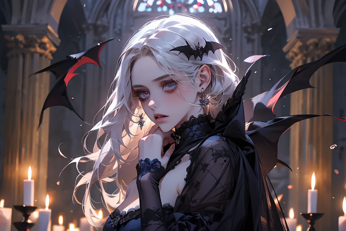 ((masterpiece)), ((best quality)), perfect detailed eyes, perfect detailed face, white hair, medium hair, forehead jewel, hollow eyes, hoop earrings, big ribbon, makeup, turn pale, white skin, shaded, Baroque, cinematic lighting, high quality, accurate, 8k, Vampire, gothic ****ta style dress, dark blue dress, bats in the background, dark fantasy, horror, Candlelight on a dark night, old castle, abandoned castle, spider web in the background