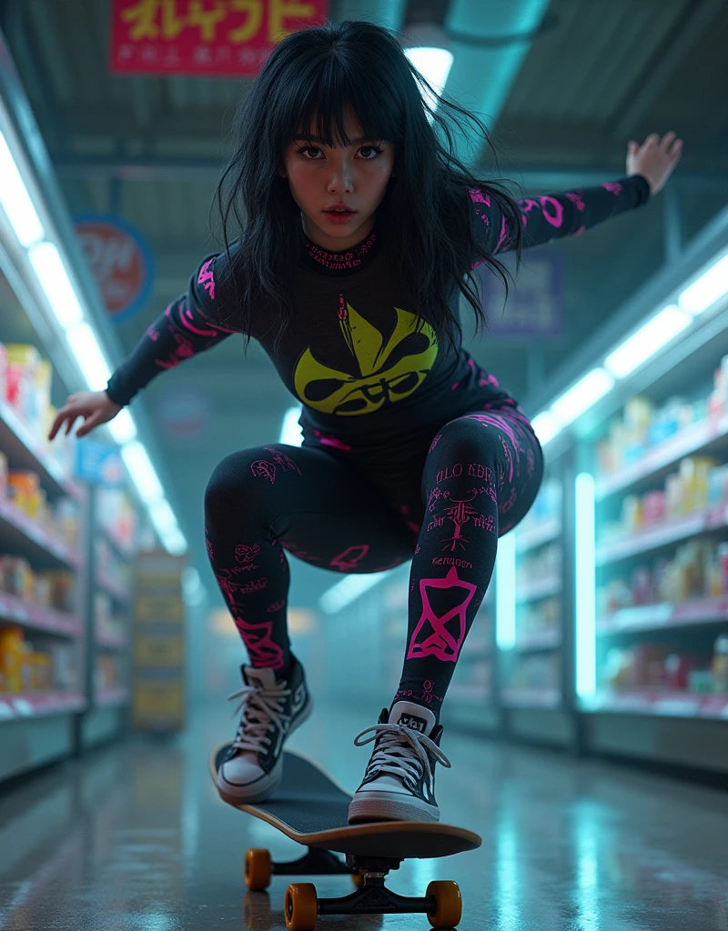 ultra-realistic, photorealistic, dramatic scene, shadow, global-illumination, (20 years old Japanese famous idol girl:1.5), Unconventional skateboarding alone at the cyber punk super market, dynamic angle, (acrobatic pose), masterpiece, (face focus:1.6), beautiful eyes, wearing a cyber punk neon bodysuits, very large breasts, beautiful face,