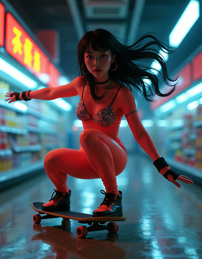 ultra-realistic, photorealistic, dramatic scene, shadow, global-illumination, (20 years old Japanese famous idol girl:1.5), Unconventional skateboarding alone at the cyber punk super market, dynamic angle, (acrobatic pose), masterpiece, (face focus:1.6), beautiful eyes, wearing a cyber punk neon bodysuits, very large breasts, beautiful face,