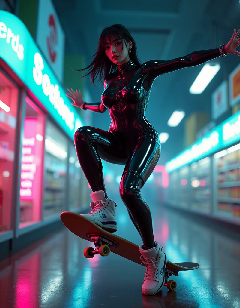 ultra-realistic, photorealistic, dramatic scene, shadow, global-illumination, (20 years old Japanese famous idol girl:1.5), Unconventional skateboarding alone at the cyber punk super market, dynamic angle, (acrobatic pose), masterpiece, (face focus:1.6), beautiful eyes, wearing a cyber punk neon bodysuits, very large breasts, beautiful face,