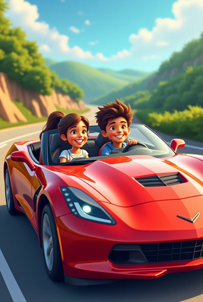 A boy driving a red car with her girlfriend