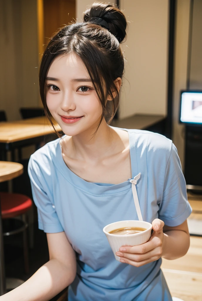 Bun Hair,A stylish cafe attendant,part-time job,smile