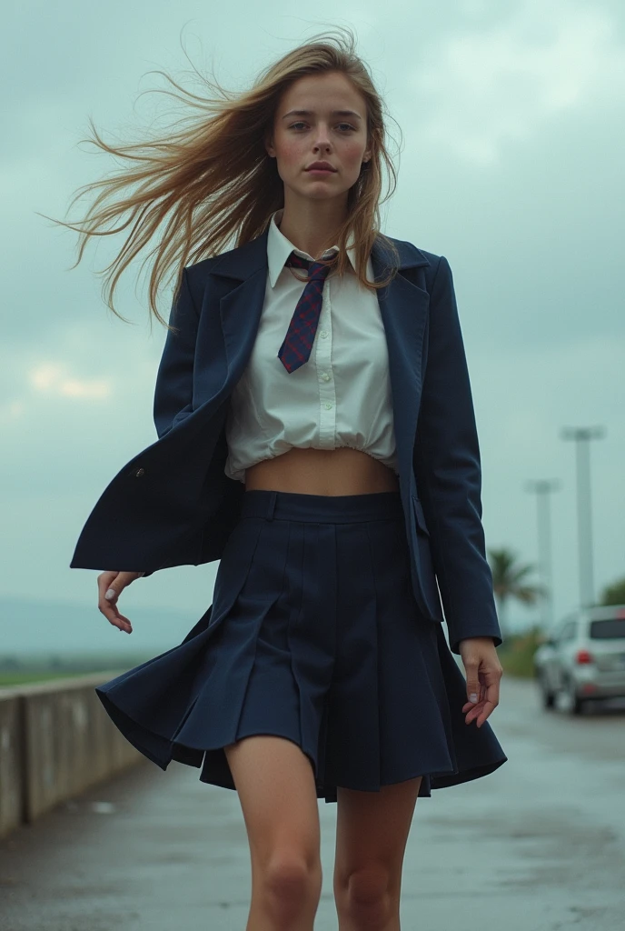  in the school uniform, in a windy storm, without panties, pussy visible when upskirt happens. open legs