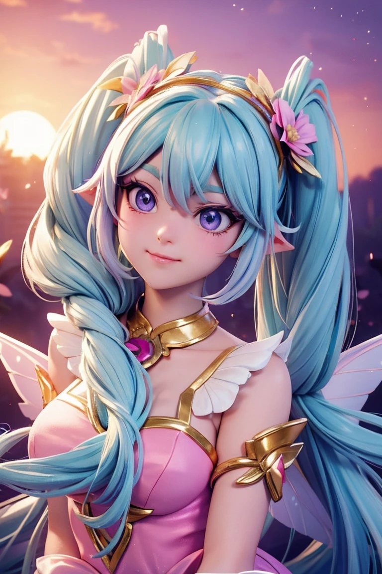 an animated character. a cute face girl, pastel purple color eyes, pastel color, colourful bright long twintail hair, gorgeous flower crown, gorgeous decorated, gorgeous fairy wings, haft body, mythology, fancy, Asian style, flowers vines, fantsy sky, shining star, Happy face feeling, fantasy town background, sunset mood and tone.