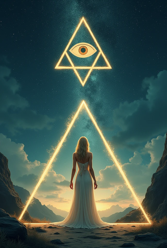 label for beer "MONJE OF SKY": central character: A pretty woman, 200cm tall wide hips, beautiful and blonde in an elegant dress, barefoot looking at the camera. Symbolic Element: The woman is located inside an equilateral triangle, that stands out in the design. bottom: A starry night sky, using light and soft colors. Mystical element: in the sky, There is a second smaller equilateral triangle with an eye in the center (in the style "All-seeing eye").