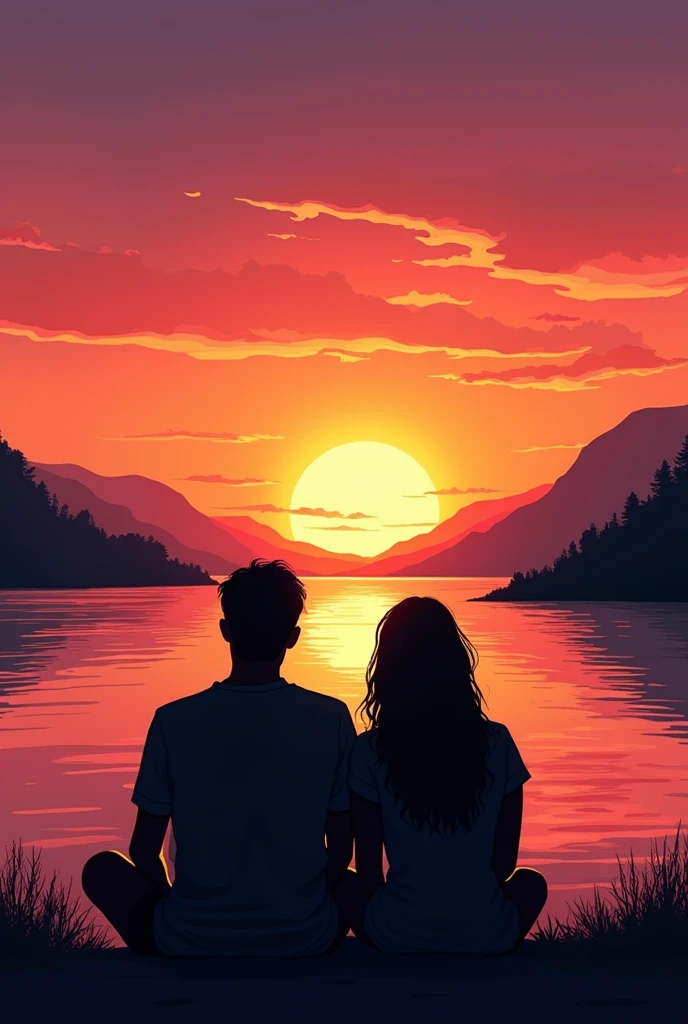Make an easy drawing for 8th grader of a couple seating and watching the sunset together in a beach, make the couple and the mountains color black but color the sunset 