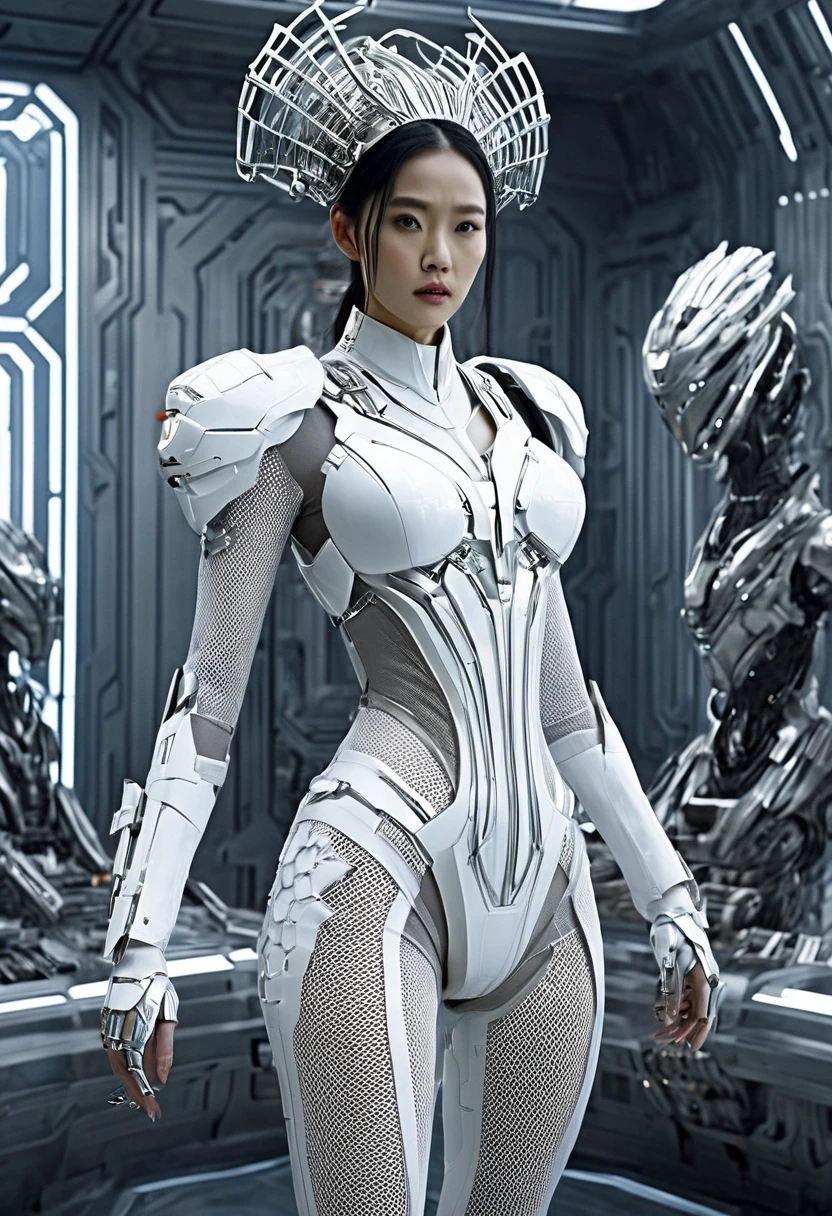 Arafed woman in futuristic suit standing in room with many metal objects, still from Prometheus, Huang Ding, white russian clothes, beauty contest rendering, mesh headdress, machine elves, luxury advertising, shoulders can be seen, cyber patterns, still from movie --ar 16:9