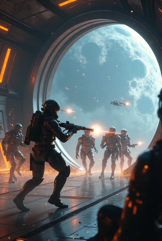 Space soldiers, locked in an intense battle aboard a mothership, defending against an incoming horde of robotic aliens. The soldiers, equipped with advanced armor and futuristic weapons, display courage and determination. Meanwhile, the robotic aliens, devoid of fear or pain, launch an unrelenting attack. Sparks fly everywhere as energy beams ricochet off the metallic interior of the ship. Through the large portholes, the endless expanse of the cosmos can be seen, planets and stars providing a stunning backdrop to this dramatic space warfare.