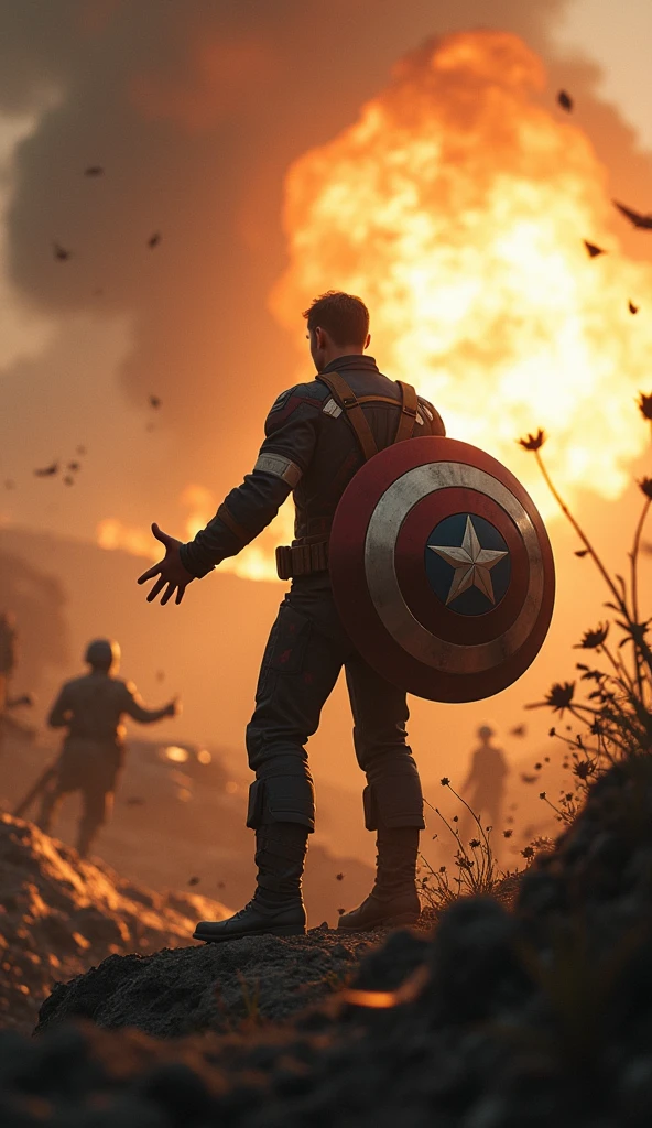 Illustrate a powerful and emotional scene in which Captain America faces the heartbreaking dilemma of changing the past. Em primeiro plano, Captain America is on a World War II battlefield, reaching out toward a moment frozen in time—Bucky Barnes in mortal danger. Your hand is extended, with fingers trembling with hesitation, as he struggles with the decision of whether or not to intervene.
Bucky is portrayed in a life or death situation, perhaps hanging off the edge of a cliff or caught in a bomb blast, with his face showing a mixture of fear and determination. The scene around them is charged with tension.: debris and earth suspended in the air, flames from an explosion stopped in their tracks, and soldiers frozen in the middle of combat.
Captain America's face is a study in internal conflict, his brows furrowed and his eyes filled with anguish as he weighs the consequences of altering the timeline. His iconic shield hangs on his back, slightly obscured, as if forgotten in this moment of deep contemplation. His posture is tense, with one foot planted forward, ready to move, but his body pulled back by the weight of the decision.
The background is blurred, focusing all attention on the intense emotional struggle between Captain America and the image of Bucky. Subtle distortions in the air around Captain America suggest the pressure of time being kept at bay, with faint echoes of past memories swirling gently around you, hinting at the possible outcomes of your choice.
the lighting is dramatic, with an intense golden glow highlighting the figures of Captain America and Bucky, while the surrounding environment remains in shadows, adding to the gravity of the moment. The general atmosphere should convey a sense of urgency, sadness and the deep weight of the decision that Captain America faces, as he stands on the brink of altering history.
