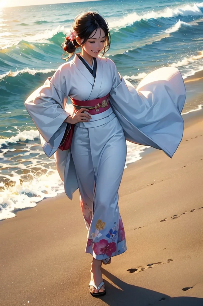 A beautiful woman in a kimono walking on the beach in the morning sunshine has a beautiful smile on her face