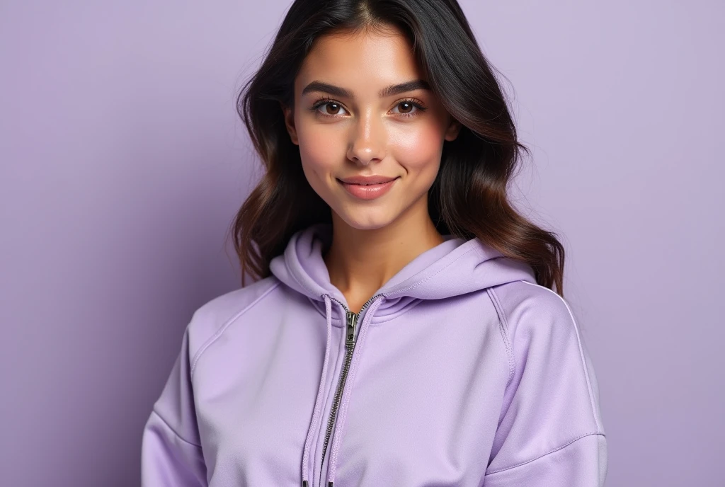 beautiful young woman hoodie mockup cropped hoodie mockup with zipper light purple background . Use Canon EOS 5D Mark IV with 24-70mm f/2.8 lens. Settings: ISO 100, f/8 aperture, and 1/125s shutter speed to capture sharp, brilliant images with wide depth of field.