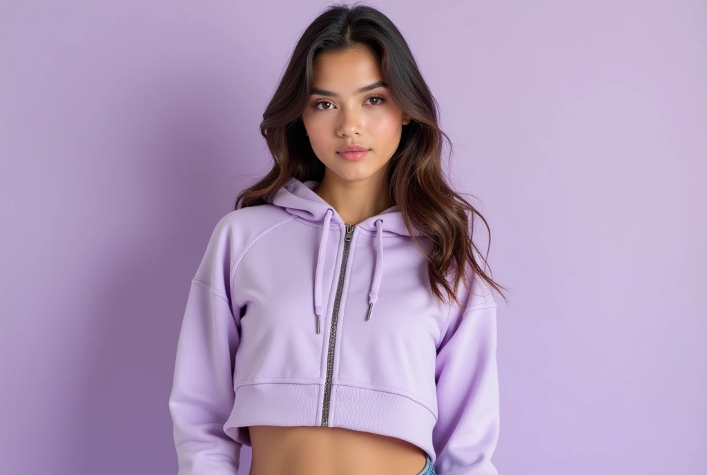 beautiful young woman hoodie mockup cropped hoodie mockup with zipper light purple background . Use Canon EOS 5D Mark IV with 24-70mm f/2.8 lens. Settings: ISO 100, f/8 aperture, and 1/125s shutter speed to capture sharp, brilliant images with wide depth of field.