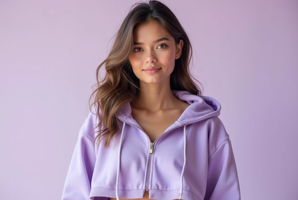 beautiful young woman hoodie mockup cropped hoodie mockup with zipper light purple background . Use Canon EOS 5D Mark IV with 24-70mm f/2.8 lens. Settings: ISO 100, f/8 aperture, and 1/125s shutter speed to capture sharp, brilliant images with wide depth of field.