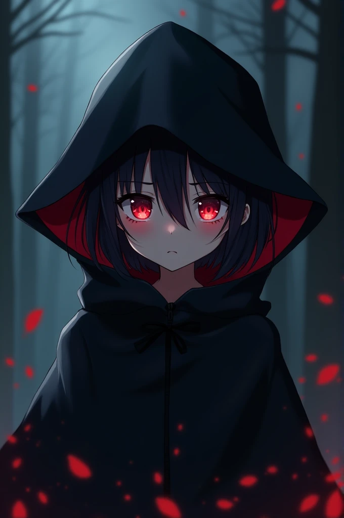 Transform into an anime girl, with a black hat and the same cloak, evil and cute, vertical.