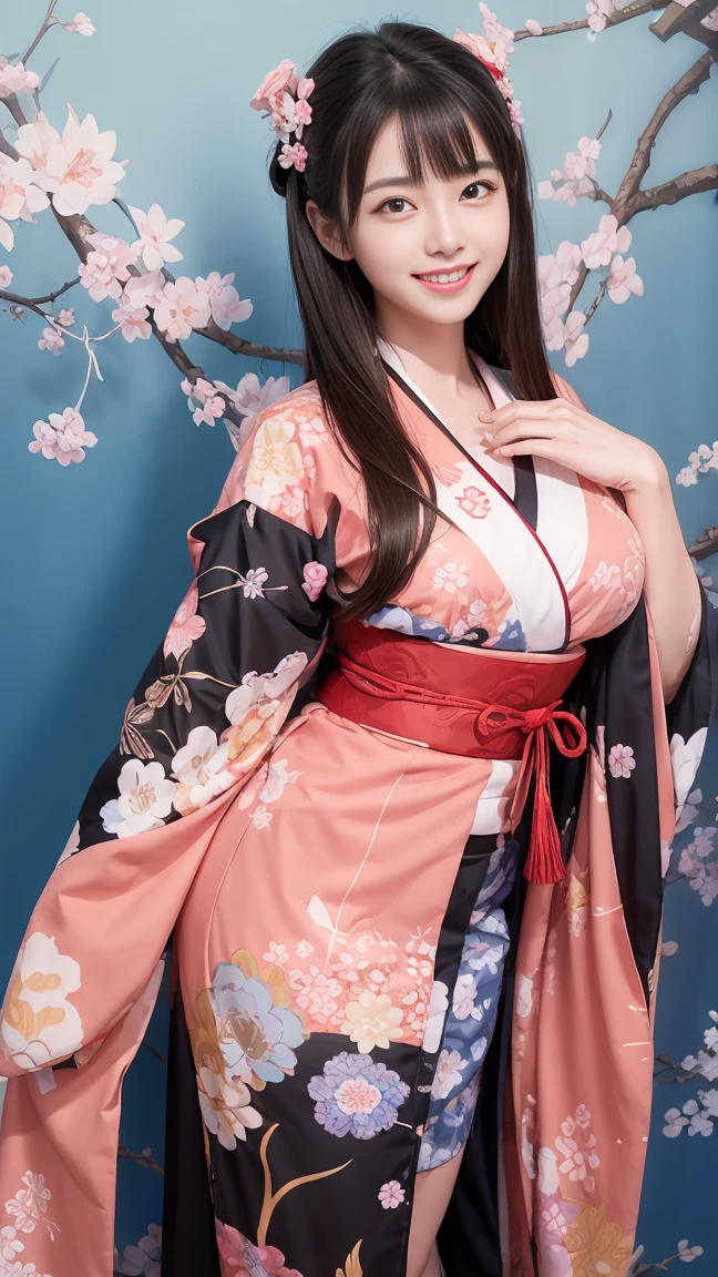 (SeaArt creates stunning illustrations of beautiful women in kimono)、Vividly colored Japanese Ukiyo-e style illustrations、A beautiful woman smiles and shows her upper white teeth、Brown-black long hair、Beautiful full body style、If you want to dance, let's dance, Tokyo Ondo, Yoi Yoi、Beautiful new digital paintings,、Bright vibrant digital anime art、 Beautiful anime portraits、background,Torii gate front of Japanese shrine、 Detailed digital anime art、