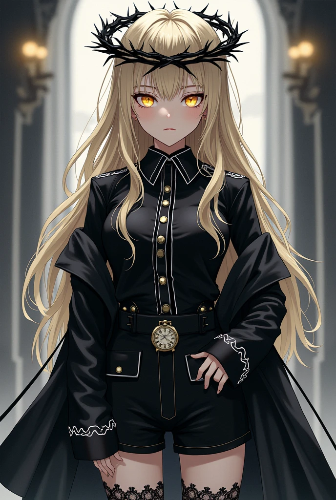 Make a manga style image of a girl who looks mysterious and serious, It will be a girl with light blonde hair, long and slightly wavy, that has a black crown of thorns on his head (like that of Christ), His eyes are yellow, He has a shirt similar to the one a real soldier would wear (black color and white details) On this one he has an antique watch on the lower left side of his shirt, Also, he should wear a black jacket that is integrated with his shirt., She has black shorts, She will have black stockings with floral lace and high black boots.