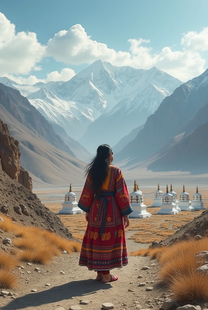 Landscape of ladakh with a man in ladakhi traditional dress 
 standing with 8 buddhist stupa 