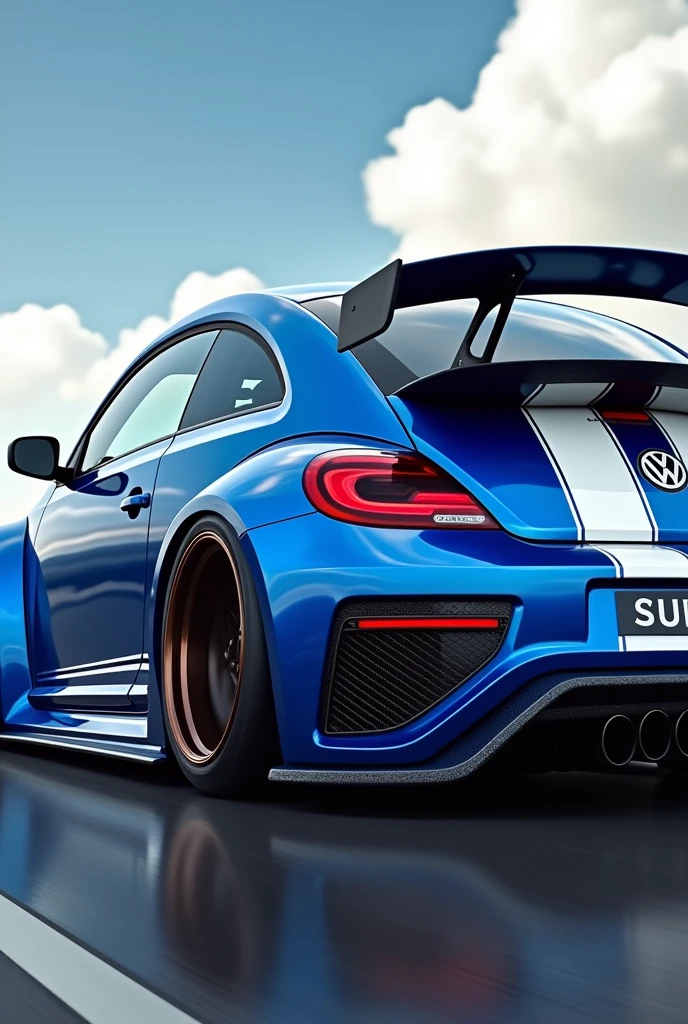 Blue and white Volkswagen Beetle with racing wheels and a Sasuke rear diffuser