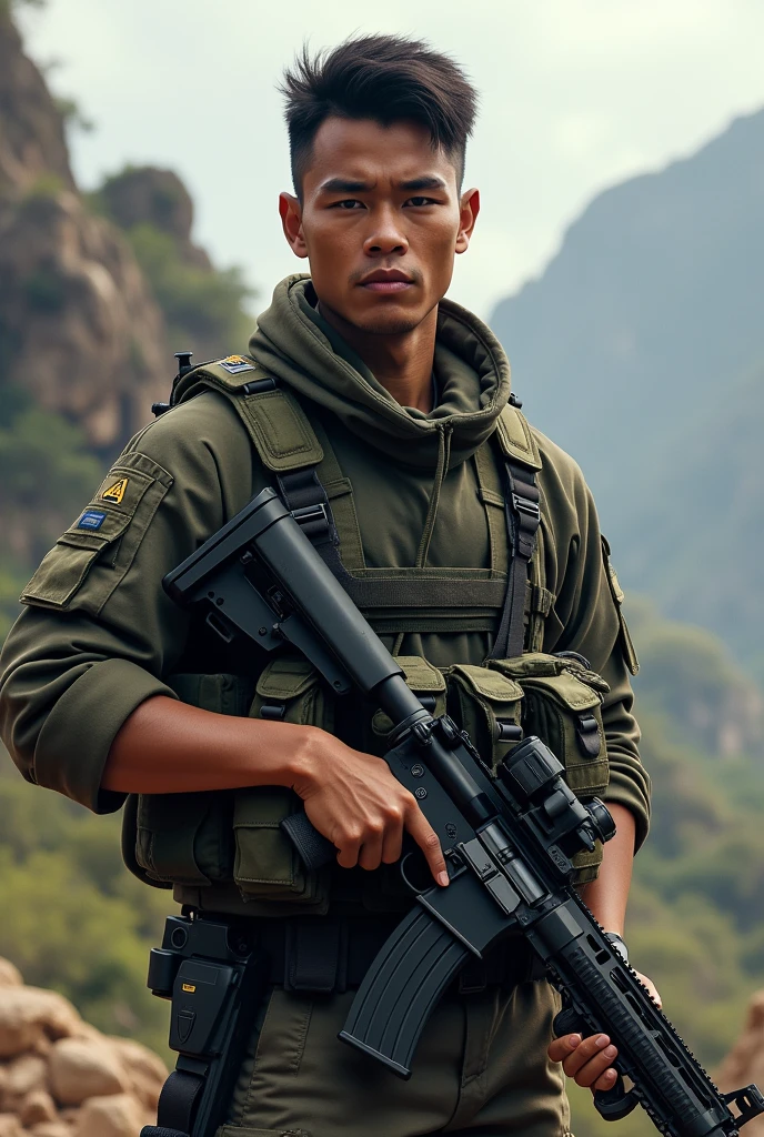 Create the realistic image of the handsome young Indonesian man,neat short hairstyles, soldier origin with Ar-15 rifle with him and also with full combat gear