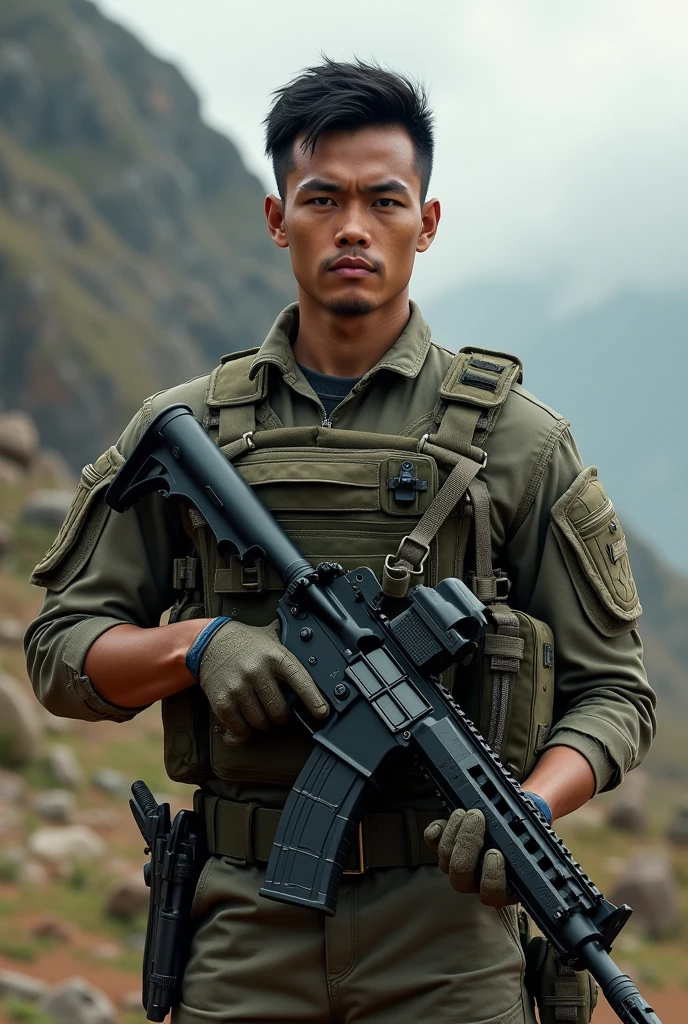 Create the realistic image of the handsome young Indonesian man,neat short hairstyles, soldier origin with Ar-15 rifle with him and also with full combat gear