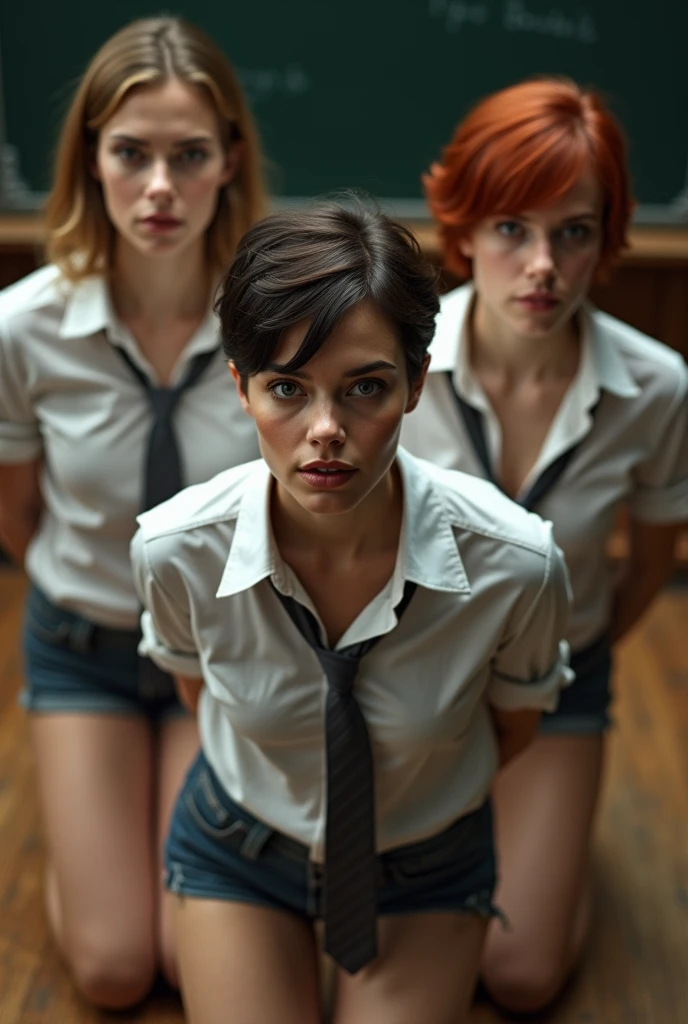 Realistic photo from above of three slim pretty 1 Caucasian women, kneeling in a British classroom. One woman has short light-brown hair; another woman has short dark hair; the other has short red hair. They are wearing unbuttoned tight white shirts. They are not wearing a bra. They are wearing dark-grey ties. They are wearing dark-grey pleated . They are kneeling and looking up to the viewer. They all have both hands behind their backs. Their mouths are slightly open.