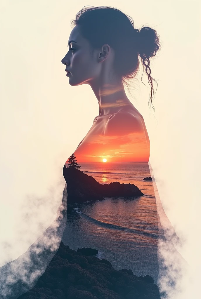 high quality, 8K Ultra HD, A beautiful double exposure that combines an goddess silhouette with sunset coast, sunset coast should serve as the underlying backdrop, with its details incorporated into the goddess , crisp lines, The background is monochrome, sharp focus, double exposure, by yukisakura, awesome full color,