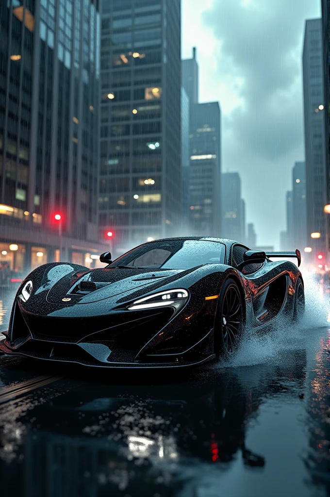 Black scarpio car in black driving High City and clouds rains