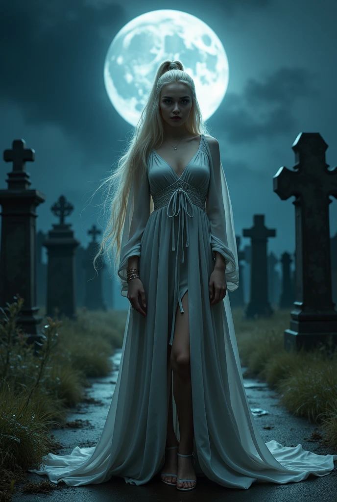 (RAW photo, best quality, masterpiece, ultra-detailed, high res), (realistic),(extremely 
delicate and beautiful:1), mesmerizing vampire woman with long blonde hair in high 
ponytail detailed features, smiling , showing vampire fangs , (((wearing floor 
length silver satin cape tied at the neck with ribbon ties))) , (((robe:0.5))) , (((sleeves:0.5))) , lingerie , standing 
in a moonlight graveyard , imaginative, highly detailed, extremely high-resolution details, 
photographic, realism pushed to extreme, fine texture, 8k, ultra-detailed, high quality, high 
contrast, full body shot 