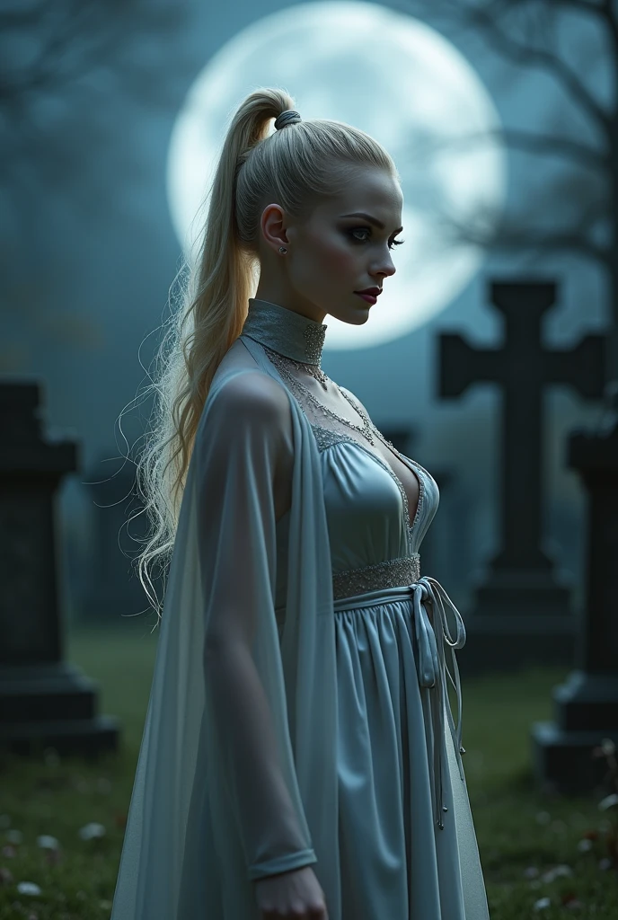 (RAW photo, best quality, masterpiece, ultra-detailed, high res), (realistic),(extremely
delicate and beautiful:1), mesmerizing vampire woman with long blonde hair in high
ponytail detailed features, smiling , showing vampire fangs , (((wearing floor
length silver satin cape tied at the neck with ribbon ties))) , (((robe:0.5))) , (((sleeves:0.5))) , lingerie , standing
in a moonlight graveyard , imaginative, highly detailed, extremely high-resolution details,
photographic, realism pushed to extreme, fine texture, 8k, ultra-detailed, high quality, high
contrast, full body shot