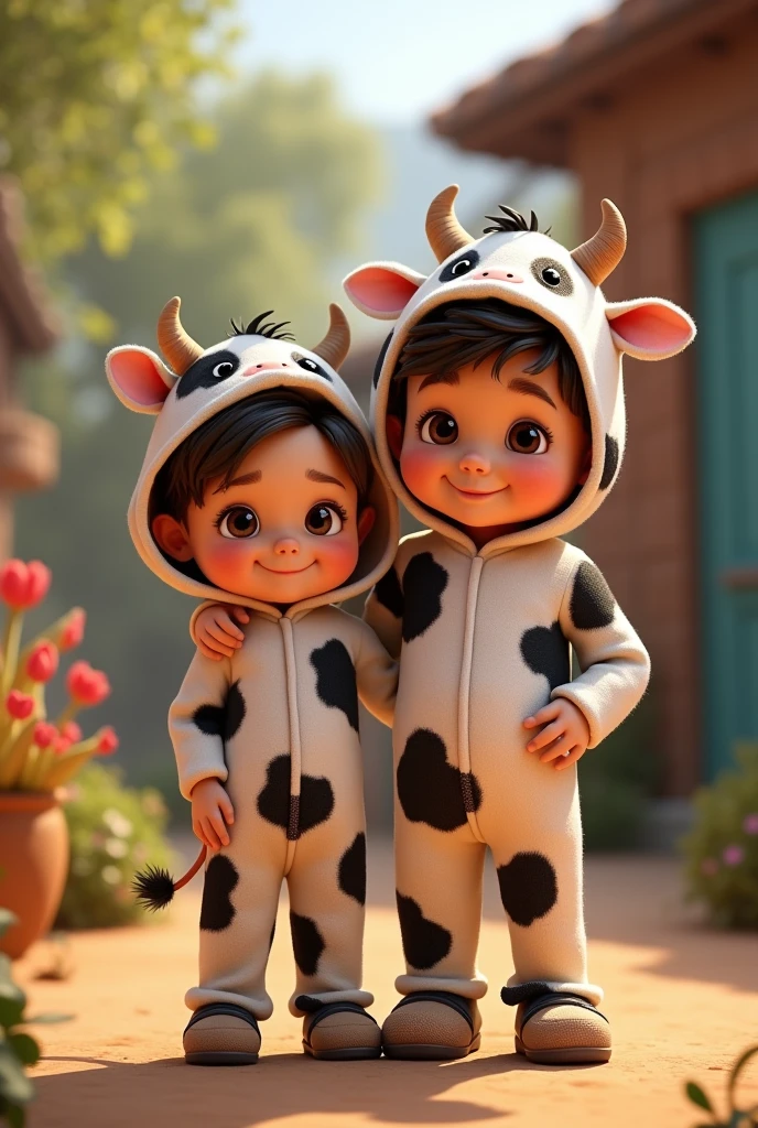 DISNEY PIXAR LITTLE SISTER WITH BROWN EYES DRESSED AS A COW AND BIG BROTHER WITH BROWN EYES DRESSED AS A COW AND HIS DAD WITH BROWN EYES DRESSED AS A COW