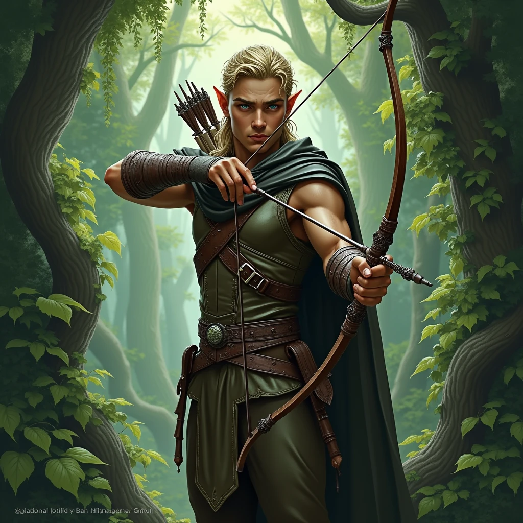 masterpiece, mystical, alluring, beautiful, otherworldly, knelling, male elf ranger, in a forest, ((drawing a bow to fire)), fancy leather elf armor, facing viewer, dense forest background, leaves a vines in foreground, enchanted forest background