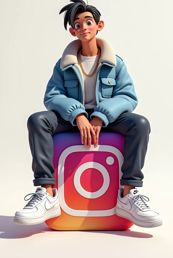 créez une illustration 3D d'un personnage aimée Assis de manière décontracté au-dessus d'un logo de media social « Facebook » le personnage doit porter des vêtements moderne et décontracté qu'une veste en jean et des chaussures de sport Nike air de couleur blanche l'arrière-plan de l'image est une page de profil de media social avec un nom d'utilisateur “ Tarno Raoul / 24k abonné" et une photo de profil qui correspond