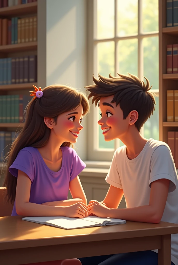 Create a boy and girl looking at eachother with smile. Seating in college library. Girl wears purple tshirt. Boy wears white tshirt. Create realistic surrounding. Create realistic faces and everything.


