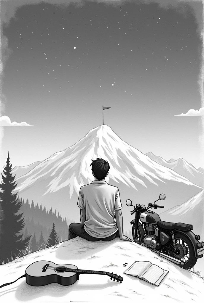 Generate a easy pencildrawing image of a man sitting at the top of the beautiful mountain seeing the moon and stars in the night sky .Near him a guitar and a paper note is placed. At right side a tent is located .And a royal Enfield bike is standing near the tent