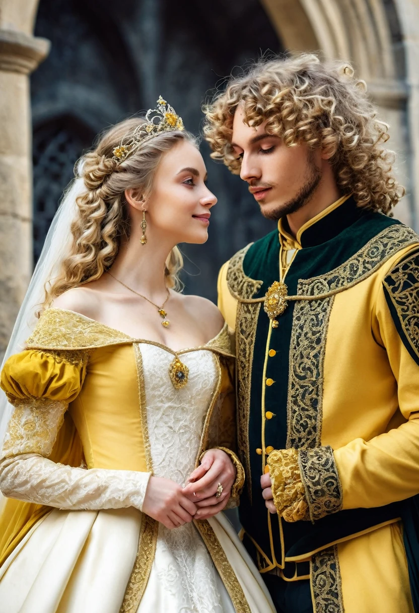 Have a medieval wedding of a couple a beautiful dark blonde curly princess with a straight dark prince in yellow clothes