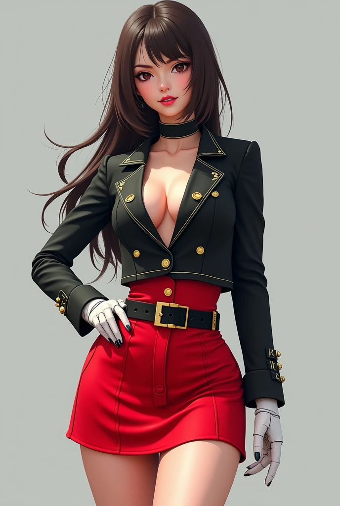 Short, tight mini skirt that covers my legs just above my knees. The skirt is bright red and has a wide black belt holding it in place.. I also wear a fitted jacket that covers my shoulders and chest.. The jacket is black with gold details on the collar and buttons.. And I have white gloves that cover my hands up to the fingers, robot girl (from head to toe), sexy and cute