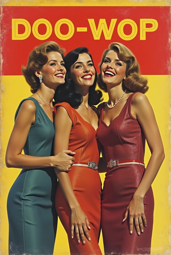 Three doo-wop singing girls 1960 on old 45 rpm record cover with a horizontal red stripe at the top of the cover