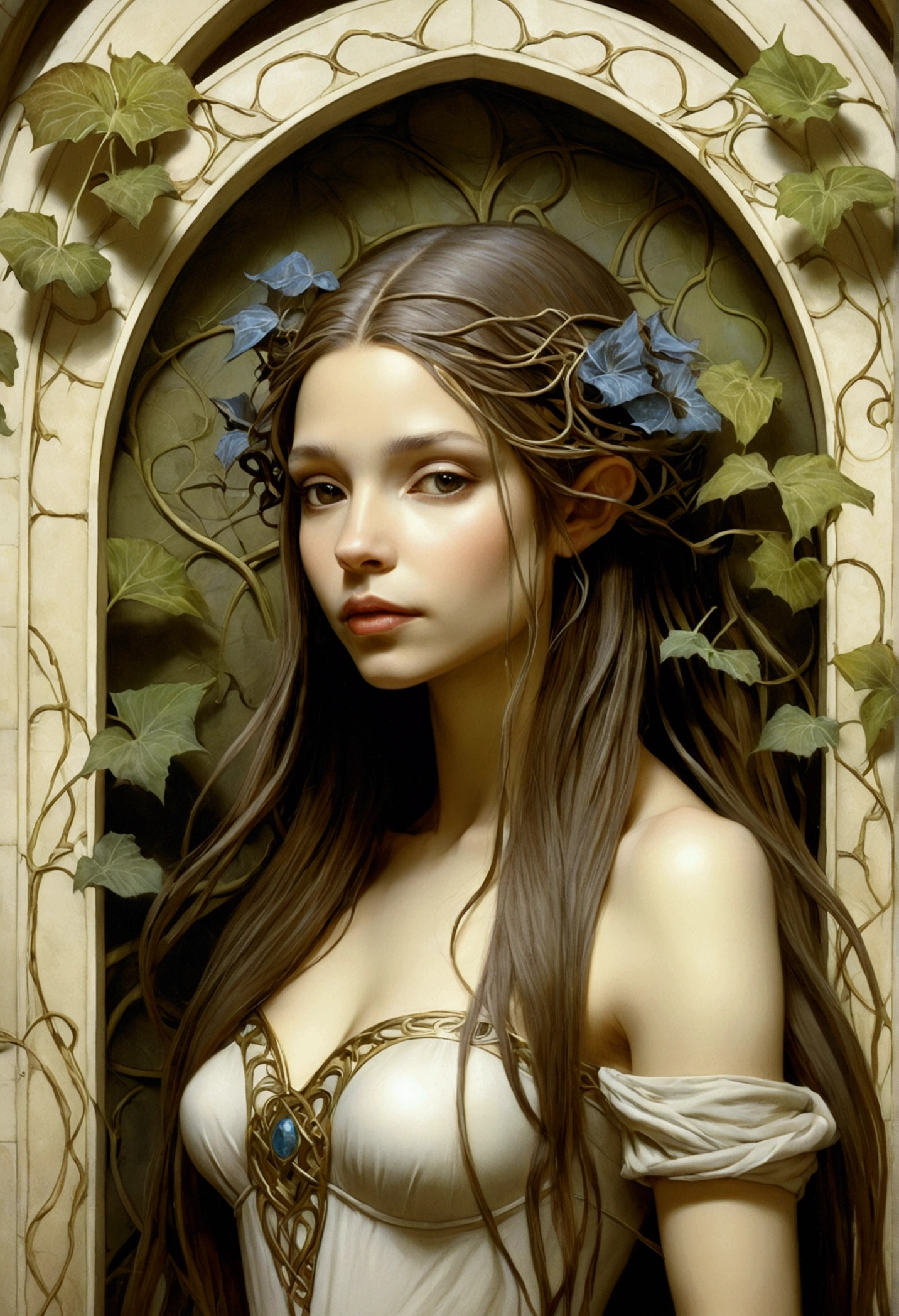 a drawing of a Beautiful female creature with a long hair, background art nouveau vines and brass arches concept art inspired by Brian Froud, tumblr, art nouveau, brian froud style, brian froud juan gimenez, style of jean baptiste monge, monge jean-baptiste monge, jean - baptiste monge, jean baptiste monge, tony diterlizzi and brian froud