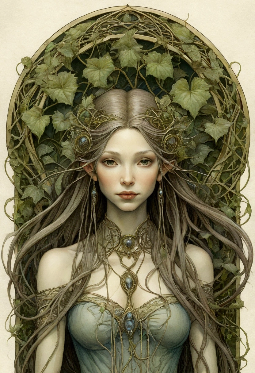 a drawing of a Beautiful female creature with a long hair, background art nouveau vines and brass arches concept art inspired by Brian Froud, tumblr, art nouveau, brian froud style, brian froud juan gimenez, style of jean baptiste monge, monge jean-baptiste monge, jean - baptiste monge, jean baptiste monge, tony diterlizzi and brian froud
