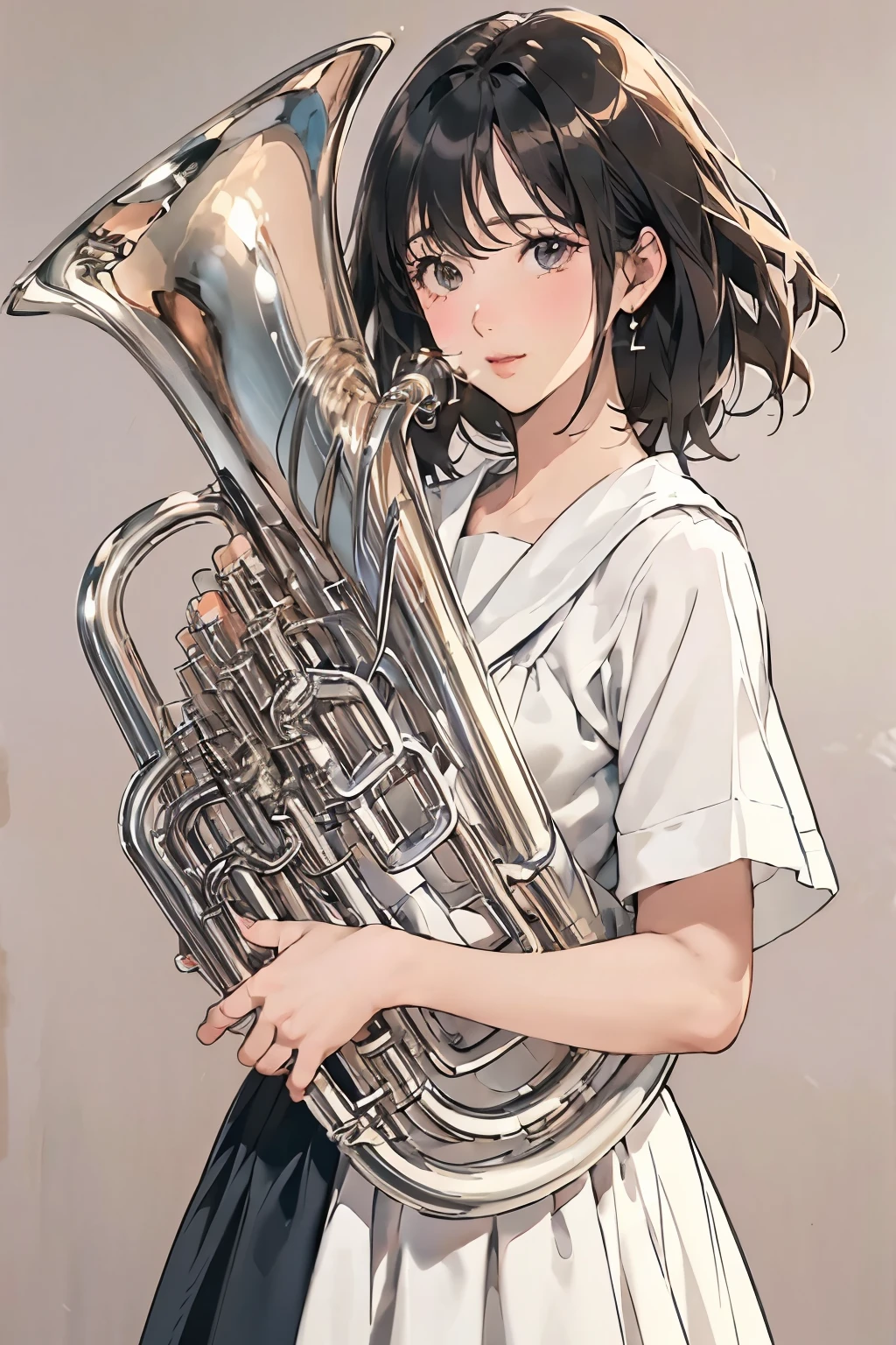 (1 person、Beautiful woman、)、(play the euphonium:1.2), alone, (Draw the Euphonium Shape Accurately:1.4)、Standing、(From before)、natural standing posture、 (Detailed depiction of a beautiful face)、Smiling Kindly、Black Hair、French Bob、(Small breasts)、Slim figure、( white short sleeve sailor uniform:1.2)、(White long skirt)、Sugar Loafer、(Simple Background)、(Plain background)、(Blank Background)、Blur the background、Sargent style watercolor、(Highest quality、masterpiece、High resolution)、4K Anime Art、(Character Concept Art)、