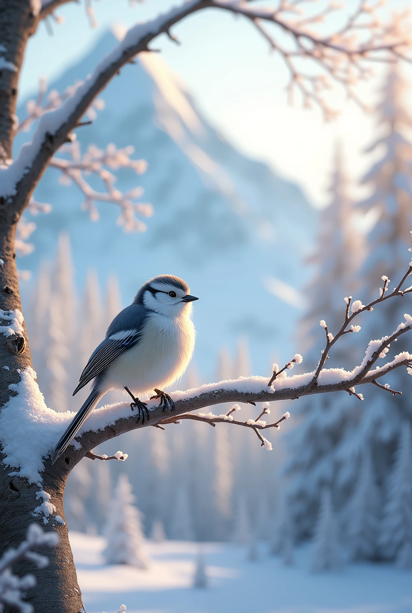 Snow Mountain、Long-tailed Tit、White fluffy bird、Snowy days、木の枝にとまるLong-tailed Tit、Beautiful sunlight through the trees