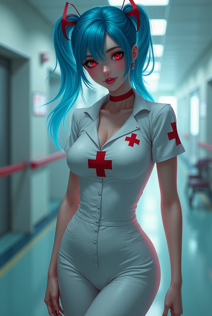 I want my character to have blue hair, with her hair tied up, and to wear a sexy white nurse outfit with red crosses, and to have a good body with big tits and big buttocks, red eyes, and a beautiful smile. 
