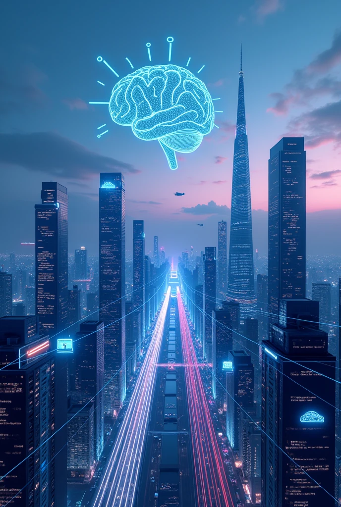 LinkedIn banner showing a futuristic cityscape at dusk. Sleek skyscrapers with glowing blue lines representing data networks. Holographic displays floating near buildings showing charts and code. Autonomous flying vehicles in the sky. A large, circuit-board style AI brain icon floating above the city. Cool color scheme with blues, purples, and cyan accents. Professional and tech-oriented design