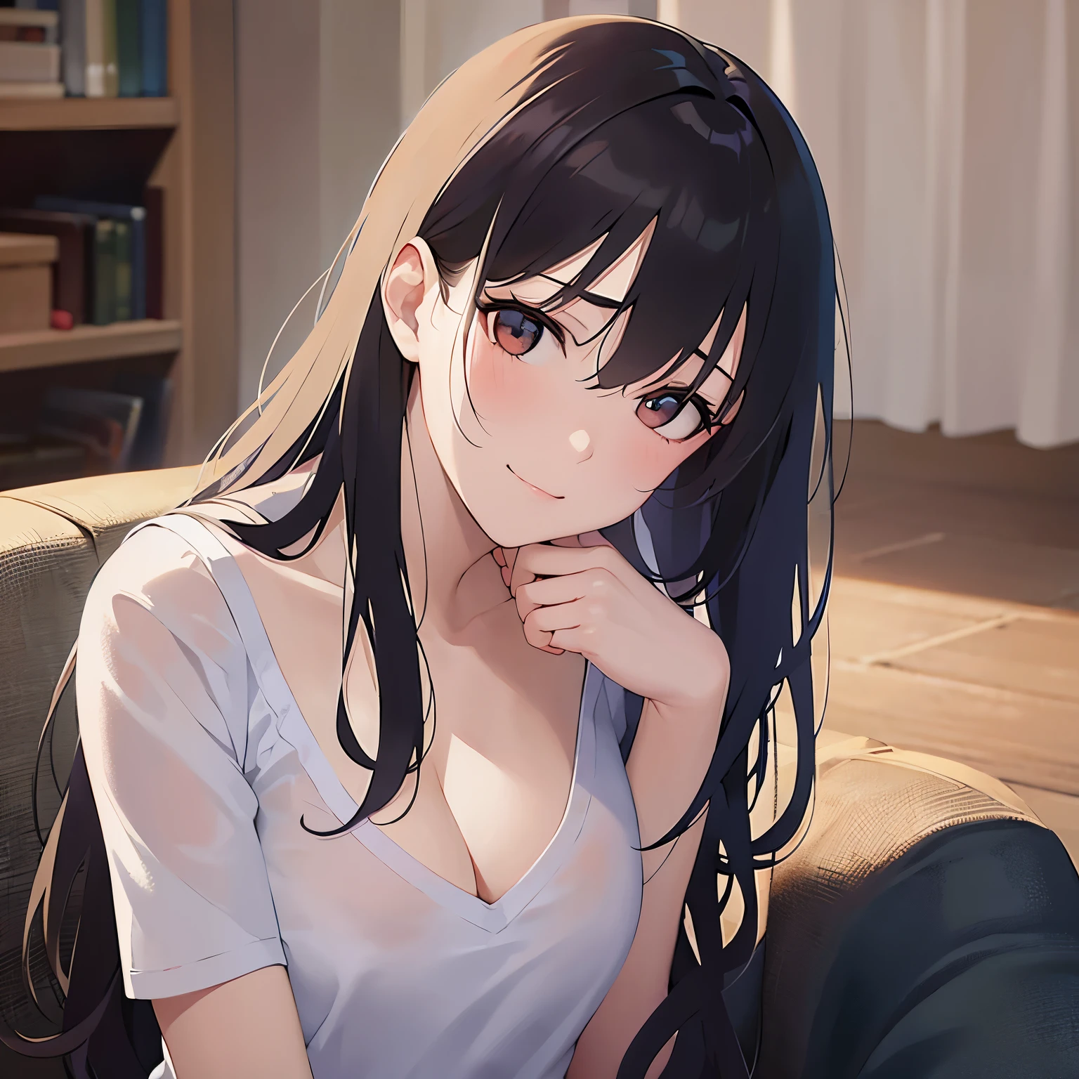 cinematic angle, looking up, (hand on own chest:1.2), Biologically correct five fingers、Upper Body, Realistic, real person, (pale skin: 1.2), RAW photo, photorealistic, shiny skin, shiny hair、(A 2 woman with medium-length hair and bangs) and (wavy hair) and (brown hair) and (orange eyes) , White T-shirt 、Cleavage、Sad smile, (embarrassed:1.3), Sofa in the background、Alone、